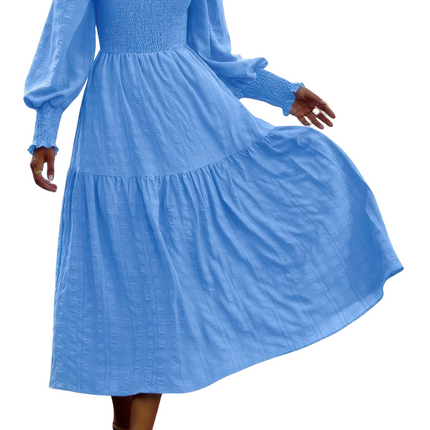 Womens Dresses Solid Round Neck Puff Long Sleeve Midi Dress Casual Chic Lightweight Basic Summer Sundress
