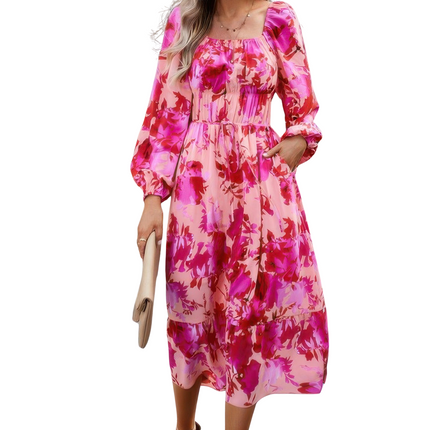Womens Dresses Floral High Elastic Waist Square Neck Pocket Dress Casual Chic Lightweight Basic Summer Sundress
