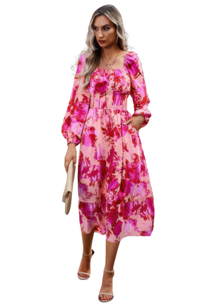 Womens Dresses Floral High Elastic Waist Square Neck Pocket Dress Casual Chic Lightweight Basic Summer Sundress
