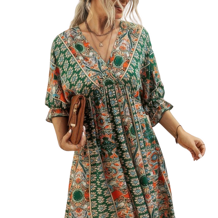 Womens Dresses Boho Print Wrap Neck Tie Back Pleated Hem Dress Casual Chic Lightweight Summer Sundress