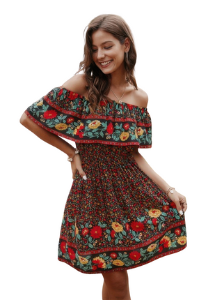 Womens Dresses Boho Print Cut Ruffle Accented Pleated Short Dress Casual Chic Lightweight Basic Summer Sundress