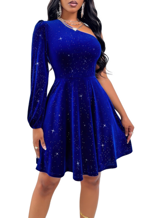Womens Summer Dresses One Shoulder Velvet Lantern Sleeve Cinched Dress Casual Chic Lightweight Basic Sundress