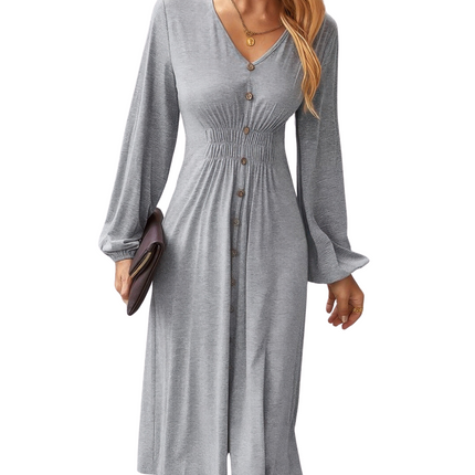 Womens Dresses Solid V Neck Elastic Waist Button Long Sleeve Dress Casual Chic Lightweight Summer Sundress