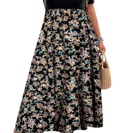 Womens Dresses Plus Floral Print Elastic Fit High Waist Dress Casual Lightweight Summer Sundress