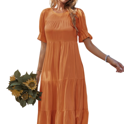 Womens Dresses Flowy Pleated Short Sleeve Solid Midi Dress Casual Chic Lightweight Basic Summer Sundress