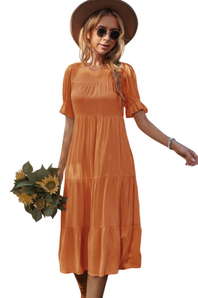 Womens Dresses Flowy Pleated Short Sleeve Solid Midi Dress Casual Chic Lightweight Basic Summer Sundress