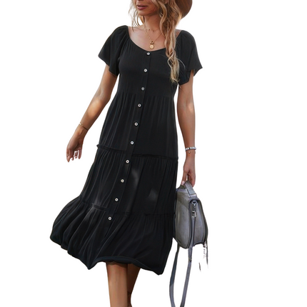 Womens Dresses Button V Neck Tiered Short Sleeve Midi Dress Casual Chic Lightweight Basic Summer Sundress