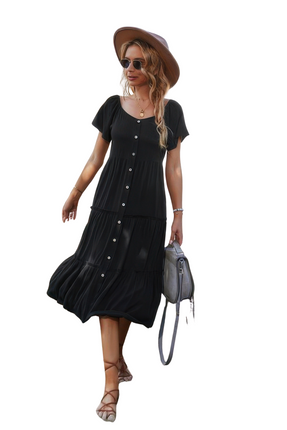 Womens Dresses Button V Neck Tiered Short Sleeve Midi Dress Casual Chic Lightweight Basic Summer Sundress