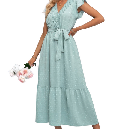 Womens Dresses Solid Dot V Neck Lace Ruffle Belt Long Dress Casual Chic Lightweight Basic Summer Sundress