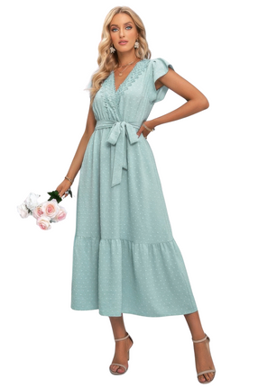 Womens Dresses Solid Dot V Neck Lace Ruffle Belt Long Dress Casual Chic Lightweight Basic Summer Sundress