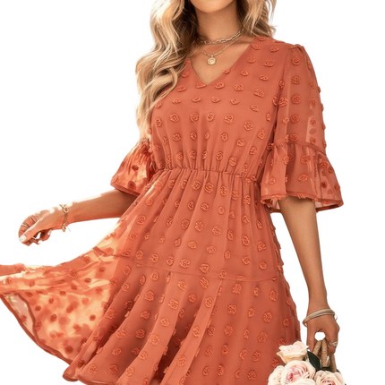 Womens Dresses Solid Dot Flare Sleeve V Neck Dress Casual Chic Lightweight Basic Summer Sundress