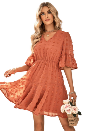 Womens Dresses Solid Dot Flare Sleeve V Neck Dress Casual Chic Lightweight Basic Summer Sundress