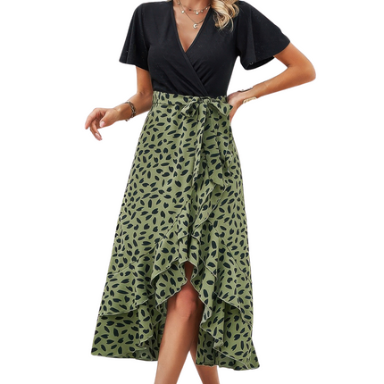 Womens Dresses Cross Color Block Lace V Neck Belt Print Dress Casual Chic Lightweight Basic Summer Sundress