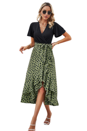 Womens Dresses Cross Color Block Lace V Neck Belt Print Dress Casual Chic Lightweight Basic Summer Sundress