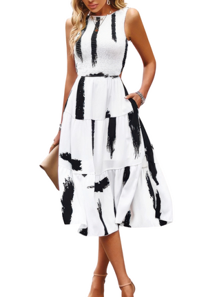 Womens Dresses Floral Print Pocket Sleeveless Smocked Split Dress Casual Chic Lightweight Basic Summer Sundress