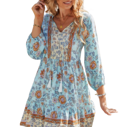 Womens Dresses Floral Printed Button Down V Neck Long Sleeve Dress Casual Chic Lightweight Basic Summer Sundress