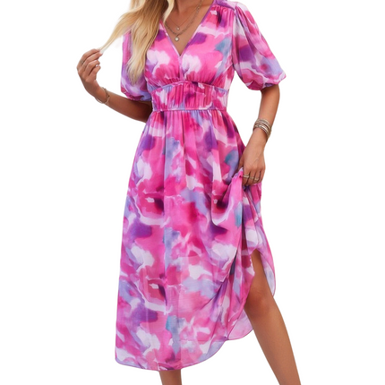 Womens Dresses Floral V Neck Puffed Sleeve High Waist Dress Casual Chic Lightweight Basic Summer Sundress