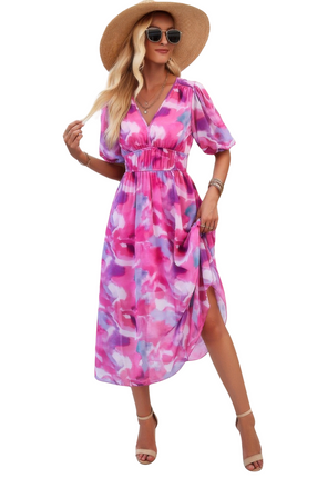 Womens Dresses Floral V Neck Puffed Sleeve High Waist Dress Casual Chic Lightweight Basic Summer Sundress