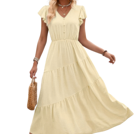 Womens Dresses V Neck Flutter Short Sleeve Layered Pleated Dress Casual Chic Lightweight Basic Summer Sundress