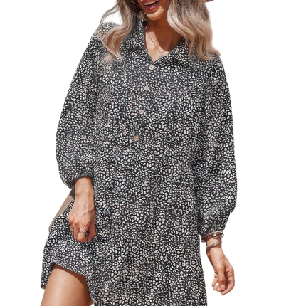 Womens Dresses Animal Print Button Down A Line Lantem Long Sleeve Loose Dress Casual Chic Lightweight Basic Summer Sundress