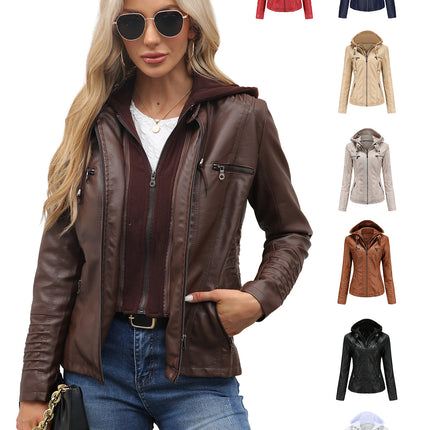 Women's Faux Leather Jacket with Detachable Hood Motorcycle Biker Jacket Full Zipper Pleated Casual Warm Jacket