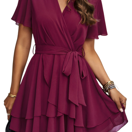 Womens Dresses Chiffon Layer Hem Waist Tie Layer Hem Ruffle Dress Casual Lightweight Basic Summer Sundress