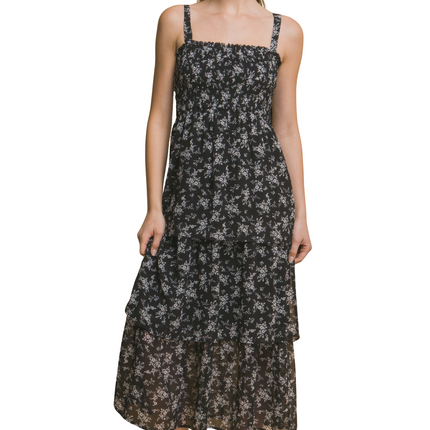 Womens Dresses Tiered Midi Floral Dress Casual Chic Lightweight Basic Summer Sundress-C1