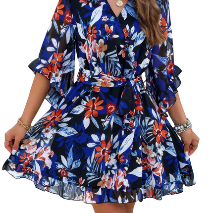Womens Dresses Floral V Neck Waist Tie Ruffle Hem Wrap Dress Casual Chic Lightweight Basic Summer Sundress
