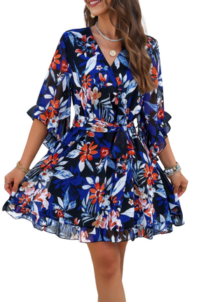 Womens Dresses Floral V Neck Waist Tie Ruffle Hem Wrap Dress Casual Chic Lightweight Basic Summer Sundress