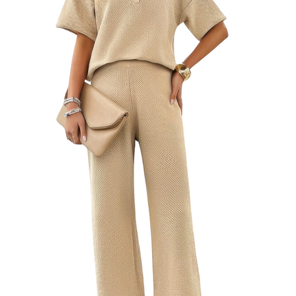 Women's Summer Vacation Casual Two Pieces Outfits Knitted Crew Neck Button Loose Trousers Set