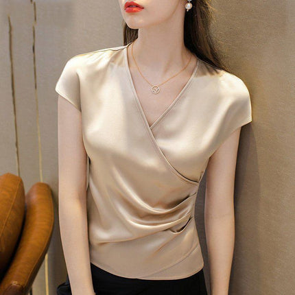 Summer New Short Sleeve V-Neck Top Women's Short T-Shirt Loose Acetate Satin Base Shirt Fashionable and Stylish