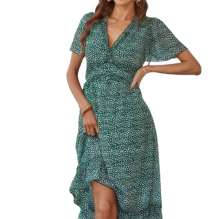 Womens Dresses Deep V Neck Floral Boho Ruffle Short Sleeve Dress Casual Chic Lightweight Basic Summer Sundress