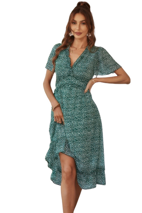 Womens Dresses Deep V Neck Floral Boho Ruffle Short Sleeve Dress Casual Chic Lightweight Basic Summer Sundress