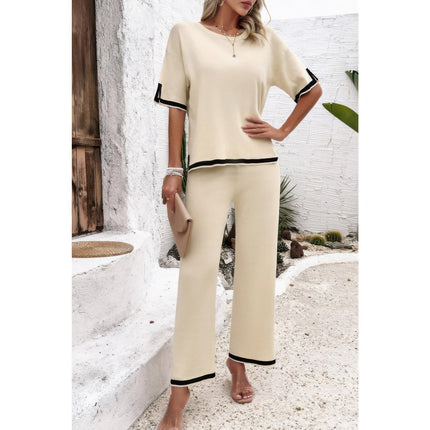 Women's Summer Fashion Outfits Two Pieces Outfits Knit Short Sleeve Wide Leg pants Loun