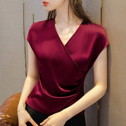 Summer New Short Sleeve V-Neck Top Women's Short T-Shirt Loose Acetate Satin Base Shirt Fashionable and Stylish