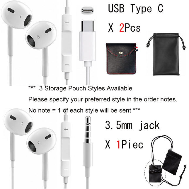 3PACK USB-C Wired Earphones with Microphone, HiFi Type-C Earbuds Compatible with iPhone 15/16/17, Android, iPad, with Remote Control, Volume Control, Clear Calls, Deep Bass, Low Latency, Tangle-Free, Lightweight, with PU Leather Pouch (White)