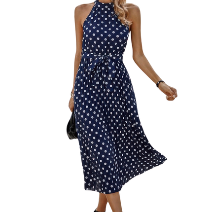 Womens Dresses Summer Sundress Dot Print Open Shoulder Fit Knot Belt Basic Dress