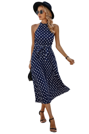 Womens Dresses Summer Sundress Dot Print Open Shoulder Fit Knot Belt Basic Dress