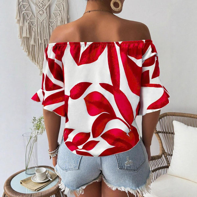 Women's Floral Off Shoulder Blouse Boho Shirt Ruffle Half Bell Sleeve Blouses Shirred Vacation Beach Shirt