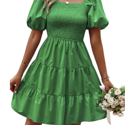 Womens Dresses Square Neck Ruched Balloon Sleeve Smocked Midi Dress Casual Chic Lightweight Basic Summer Sundress