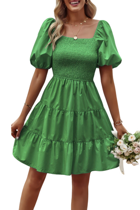 Womens Dresses Square Neck Ruched Balloon Sleeve Smocked Midi Dress Casual Chic Lightweight Basic Summer Sundress