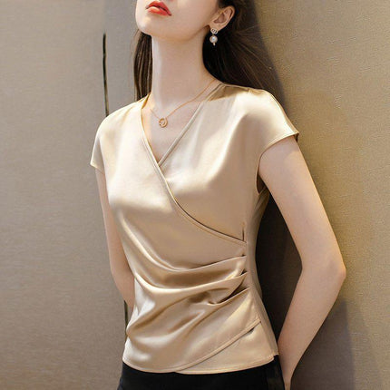 Summer New Short Sleeve V-Neck Top Women's Short T-Shirt Loose Acetate Satin Base Shirt Fashionable and Stylish