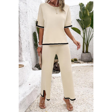 Women's Summer Fashion Outfits Two Pieces Outfits Knit Short Sleeve Wide Leg pants Loun
