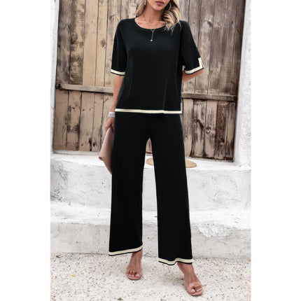 Women's Summer Fashion Outfits Two Pieces Outfits Knit Short Sleeve Wide Leg pants Loun