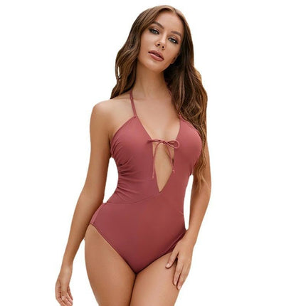 Women's One Piece Swimsuits Tummy Control Deep V Neck Cutout Bathing Suit Tie Back Swimwear