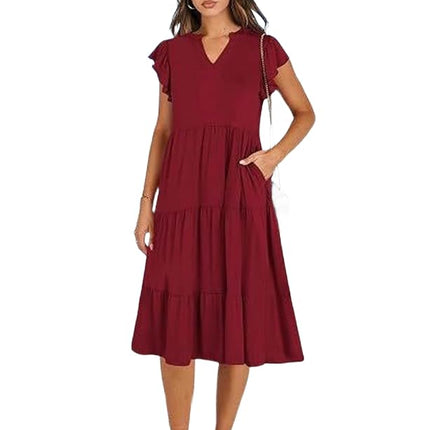 Women's Casual Dress V Neck Ruffle Cap Sleeve Tiered Swing A-Line Midi Dresses