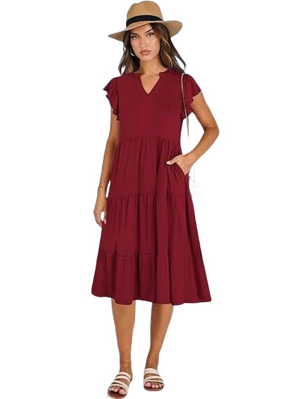 Women's Casual Dress V Neck Ruffle Cap Sleeve Tiered Swing A-Line Midi Dresses