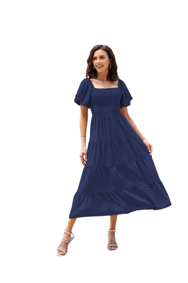 Womens Flowy Dresses Summer Puff Short Sleeve Smocked Square Neck Tiered Midi Dress