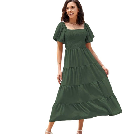 Womens Flowy Dresses Summer Puff Short Sleeve Smocked Square Neck Tiered Midi Dress
