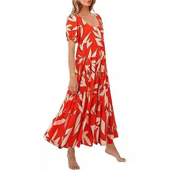 Womens Summer Scoop Neck Puff Short Sleeve Smocked Dress Ruffle Flowy Tiered A Line Maxi Dresses